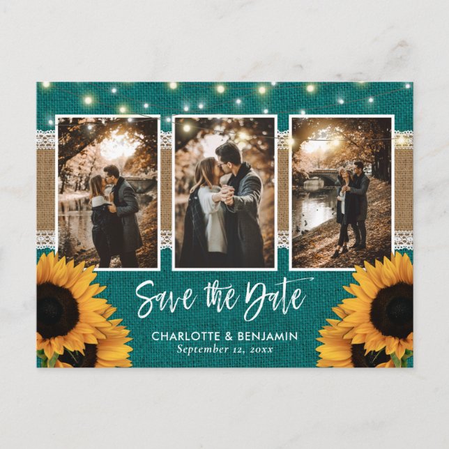 Rustic Teal Sunflower Photo Save The Date Announcement Postcard (Front)