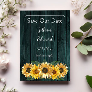 Rustic Teal Sunflower Save The Date Announcement