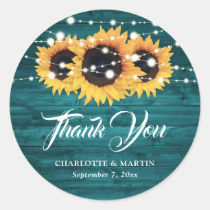 Rustic Teal Sunflower Thank You Wedding Favour Classic Round Sticker
