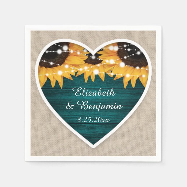 Rustic Teal Sunflower Wedding Napkin (Front)