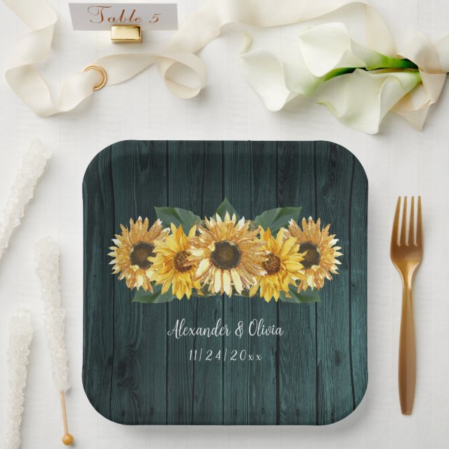 Rustic Teal Sunflower Wedding Paper Plates (Wedding)
