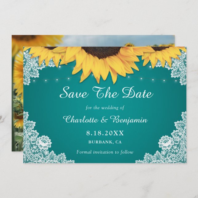 Rustic Teal Sunflower Wedding Photo Save The Date (Front/Back)