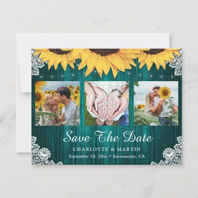 Rustic Teal Sunflower Wedding Photo Save The Date (Front)
