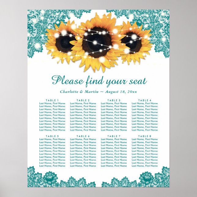 Rustic Teal  Sunflower Wedding Seating Chart 8 (Front)