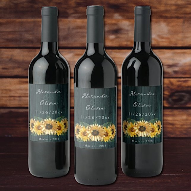 Rustic Teal Sunflower Wedding Wine Label (Rustic Teal Sunflower Wedding Wine Label)