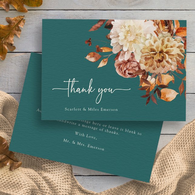 Rustic Teal Thank You Card (Rustic Copper Leaves Autumn Floral Teal Thank You Card by Painted Paperie
)