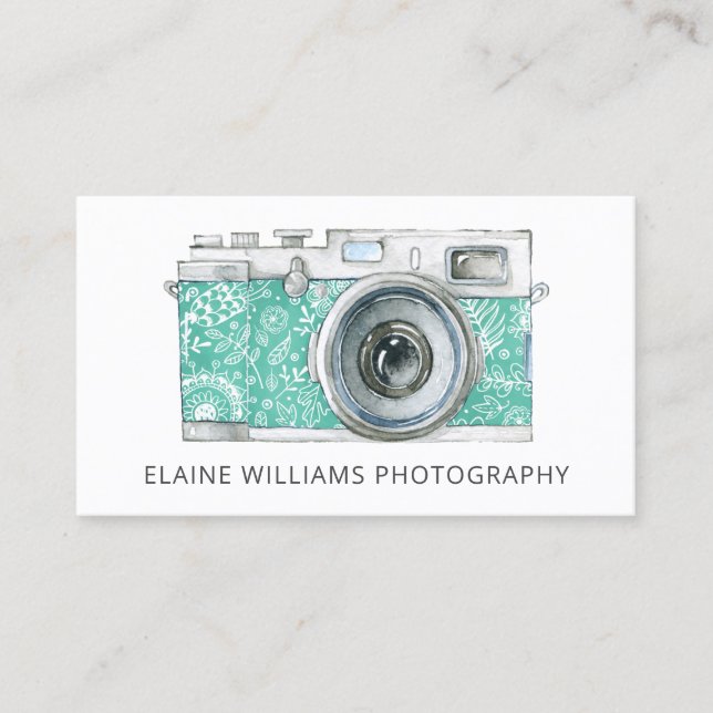 Rustic Teal Vintage Camera Photographer Business C Card (Front)