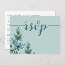 Rustic Teal Watercolor Foliage Wedding RSVP