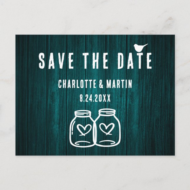 Rustic Teal Wedding Save The Date Postcard (Front)