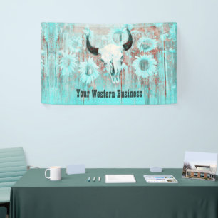 Rustic Teal Western Bull Skull Sunflowers On Wood Banner