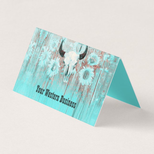 Rustic Teal Western Bull Skull Sunflowers On Wood Business Card (Front)
