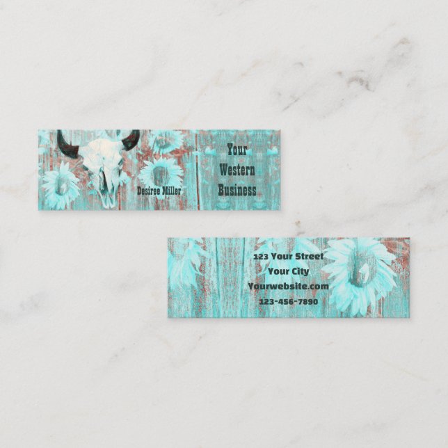 Rustic Teal Western Bull Skull Sunflowers On Wood Mini Business Card (Front/Back)