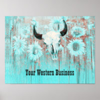 Rustic Teal Western Bull Skull Sunflowers On Wood