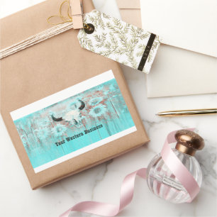 Rustic Teal Western Bull Skull Sunflowers On Wood Rectangular Sticker