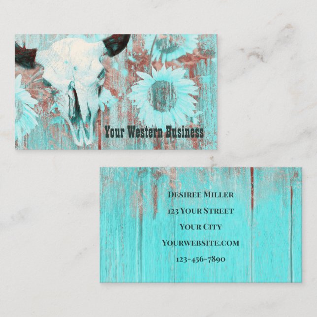 Rustic Teal Western Country Bull Skull Sunflowers Business Card (Front/Back)