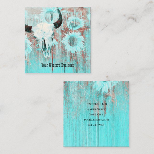 Rustic Teal Western Country Bull Skull Sunflowers Square Business Card (Front/Back)