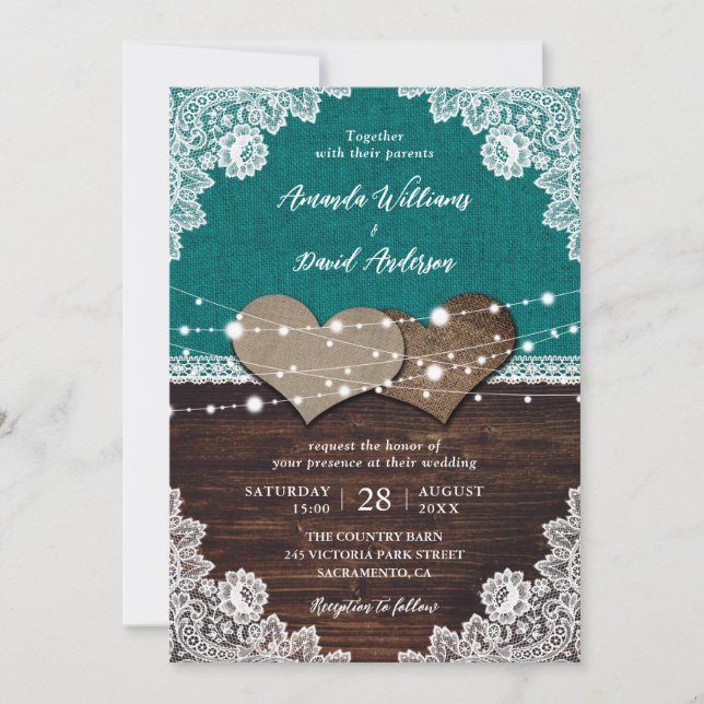 Rustic Teal Wood Burlap Lace String Lights Wedding Invitation (Front)