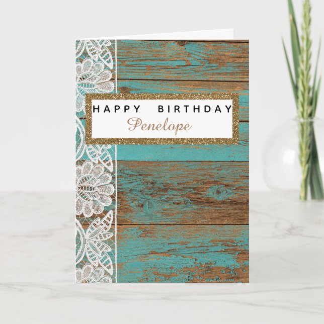 Rustic Teal Wood Lace Glitter Birthday Card (Front)