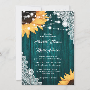 Rustic Teal Wood Lace Sunflower Wedding Invitation