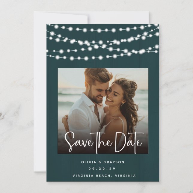 Rustic Teal Wood Lights 2 Photos Save the Date  (Front)