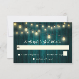 Rustic Teal Wood String Lights Wedding RSVP Card