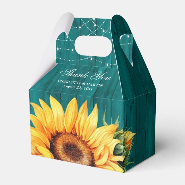 Rustic Teal Wood Sunflower Floral Monogram Favour Box (Front Side)