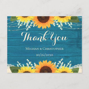 Rustic Teal Wood Sunflower Wedding Thank You Postcard