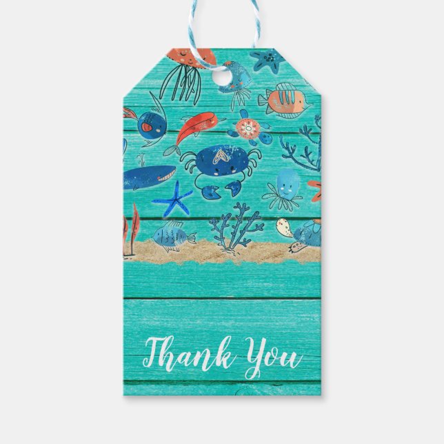 Rustic Teal Wood & Under the Sea Friends Whimsical Gift Tags (Front)
