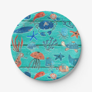 Rustic Teal Wood & Under the Sea Friends Whimsical Paper Plate