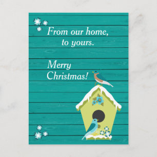 Rustic Teal Wood with Christmas Birdhouse Holiday Postcard
