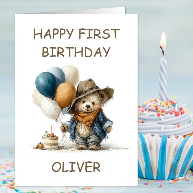 Rustic Teddy Bear 1st Birthday Card (Creator Uploaded)