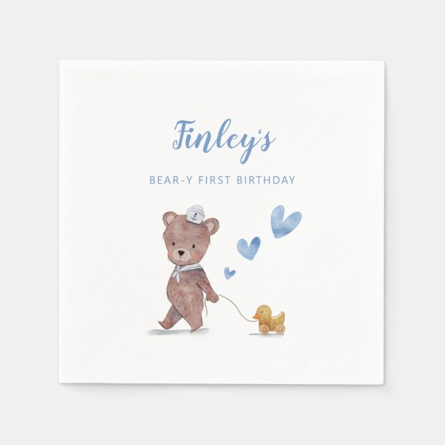 Rustic Teddy Bear Boys Birthday Party Napkin (Front)
