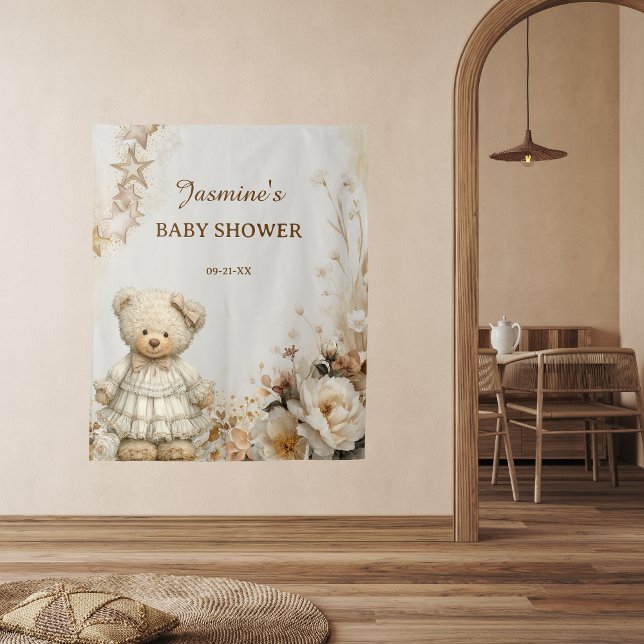 Rustic Teddy Bear Floral Baby Shower Backdrop Tapestry (Creator Uploaded)