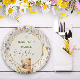 Rustic Teddy Bear Floral Baby Shower Paper Plates