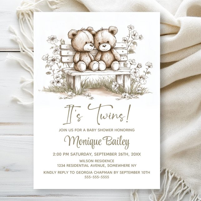 Rustic Teddy Bear Twins Baby Shower Invitation (Creator Uploaded)