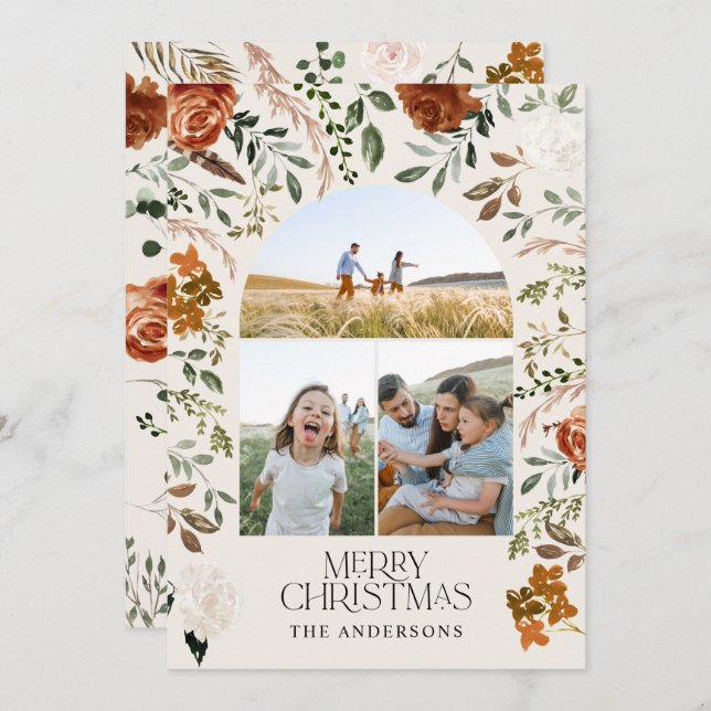 Rustic terracotta 3 photo botanical elegant arch holiday card (Front/Back)