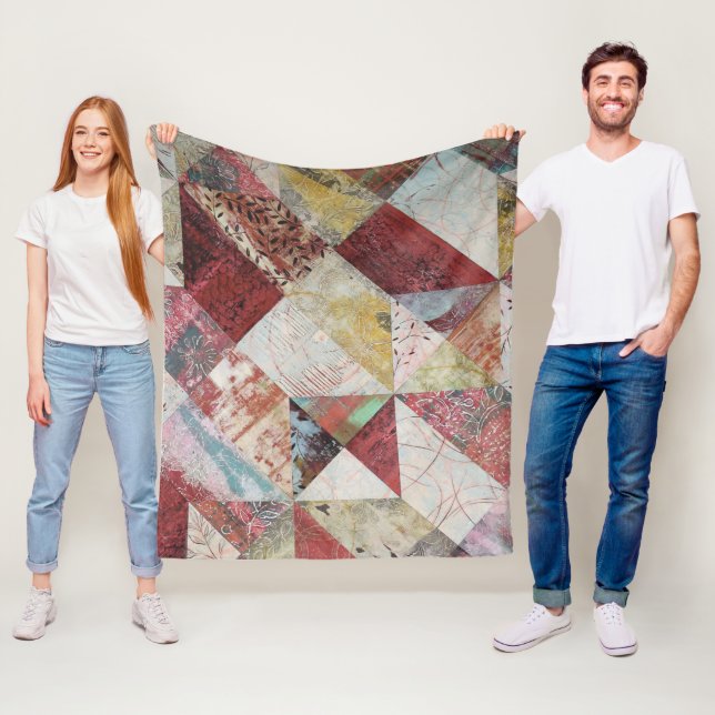Rustic Terracotta Abstract Patchwork Botanical  Fleece Blanket (In Situ)