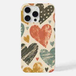 Rustic Terracotta and Teal Hearts on Cream iPhone 15 Pro Max Case