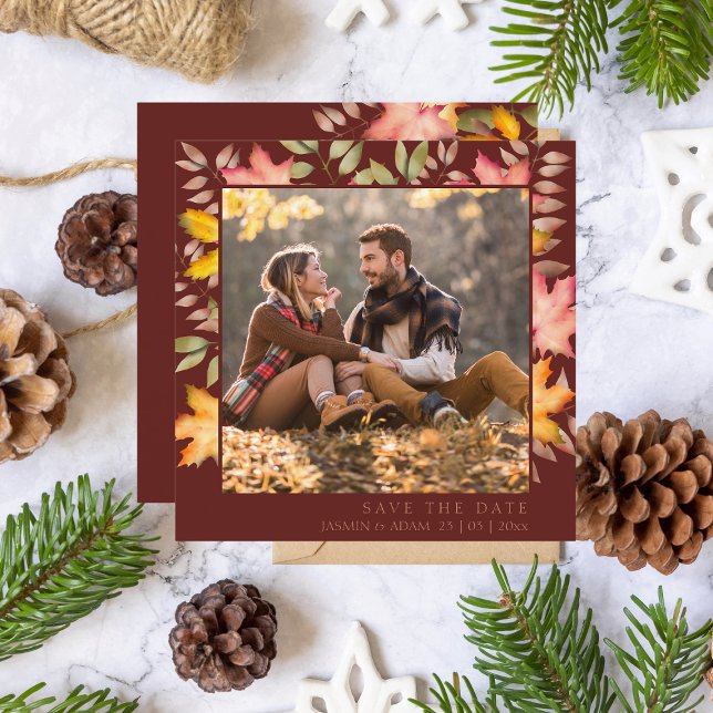 Rustic Terracotta Autumn Fall Leaves Photo Wedding Save The Date (Creator Uploaded)