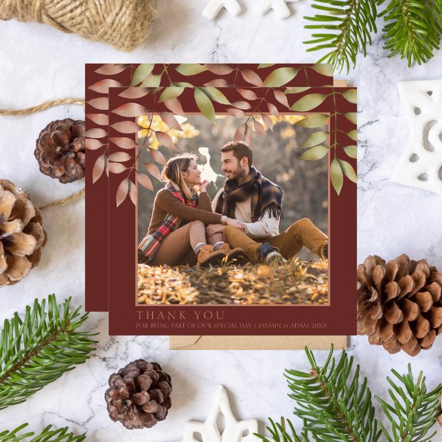 Rustic Terracotta Autumn Fall Leaves Photo Wedding Thank You Card (Creator Uploaded)
