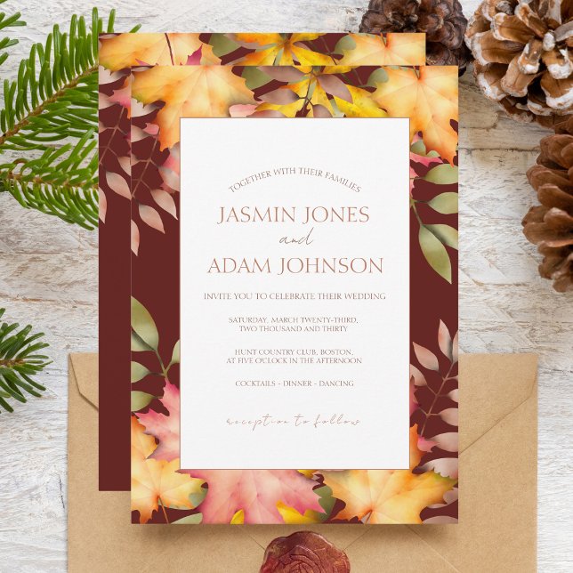 Rustic Terracotta Autumn Fall Leaves Wedding Invitation (Creator Uploaded)