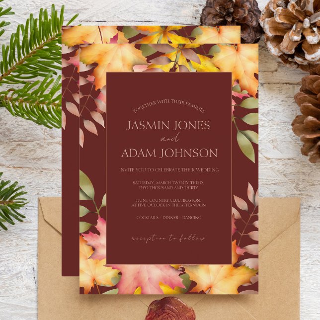 Rustic Terracotta Autumn Fall Leaves Wedding Invitation (Creator Uploaded)