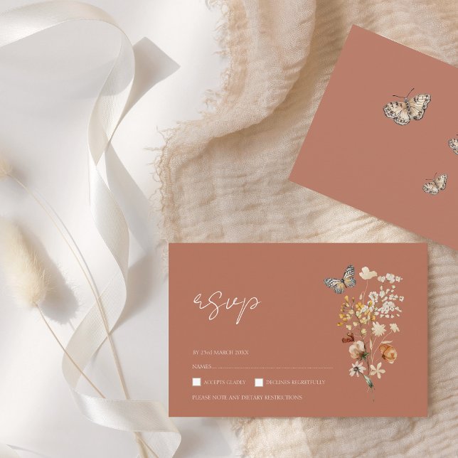 Rustic Terracotta Autumn Fall Wildflowers Wedding RSVP Card (Creator Uploaded)