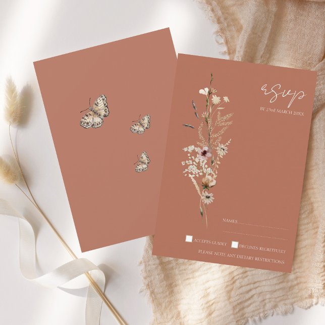 Rustic Terracotta Autumn Fall Wildflowers Wedding RSVP Card (Creator Uploaded)