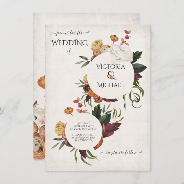  Rustic Terracotta Boho Floral Wreaths Wedding Invitation (Front/Back)