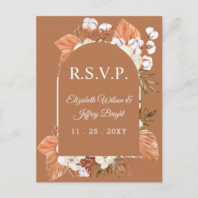 Rustic Terracotta Boho Pampas Arched RSVP  Invitation Postcard (Front)