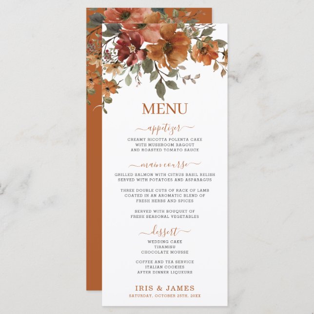 Rustic Terracotta Burnt Orange Floral Wedding Menu (Front/Back)