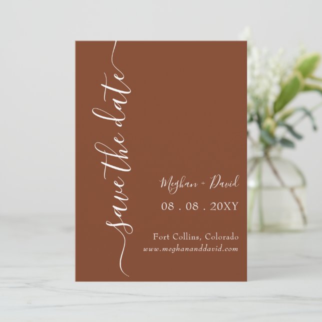 Rustic Terracotta Burnt Orange Modern  Save The Date (Standing Front)