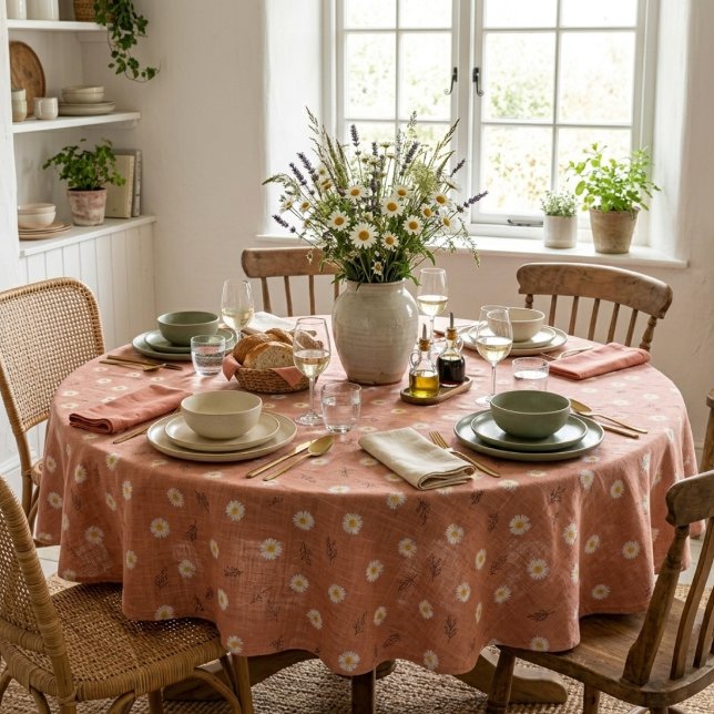Rustic Terracotta Daisy Floral Round Tablecloth (Creator Uploaded)