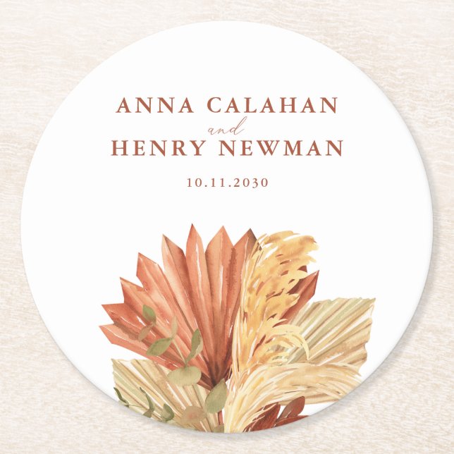 Rustic Terracotta Dried Palm Leaf Wedding Round Paper Coaster (Front)